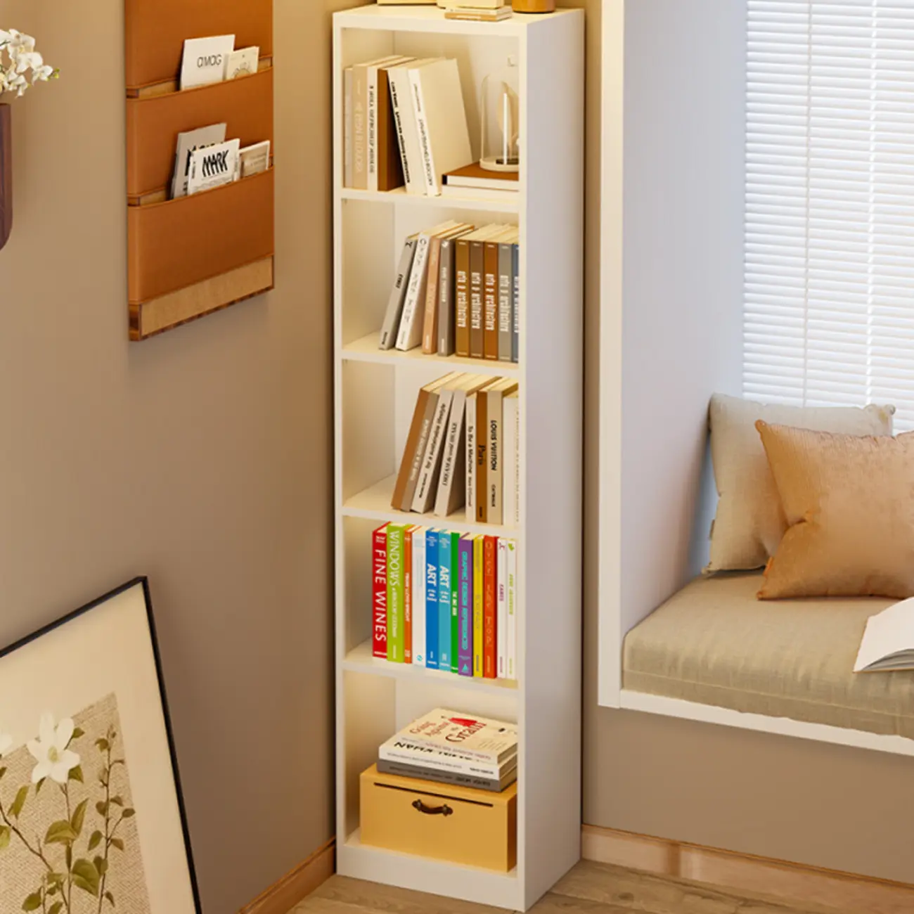 Narrow White Wooden Closed Back Tall Bookshelves Image - 1 | homeyfad