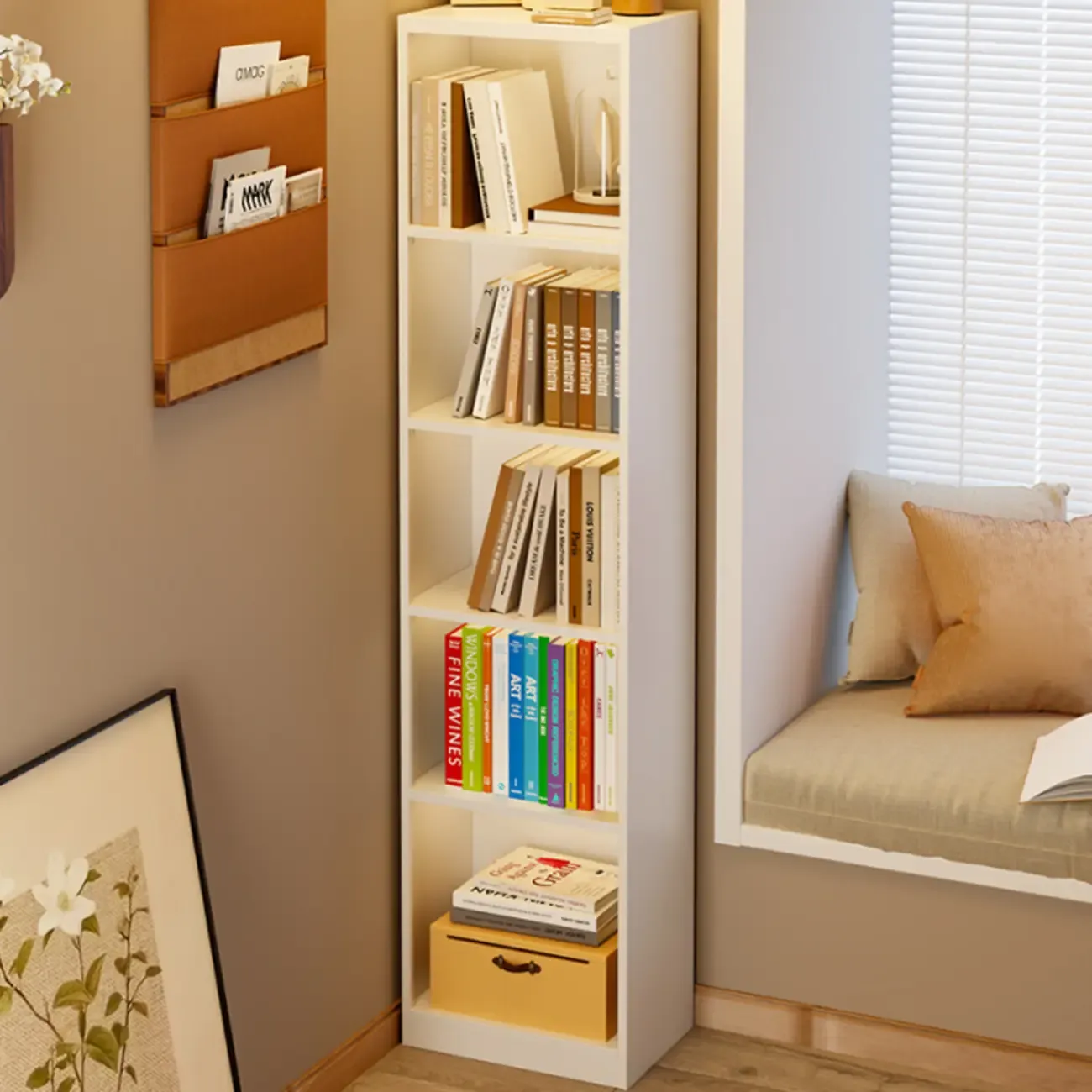 Narrow White Wooden Closed Back Tall Bookshelves Image - 1