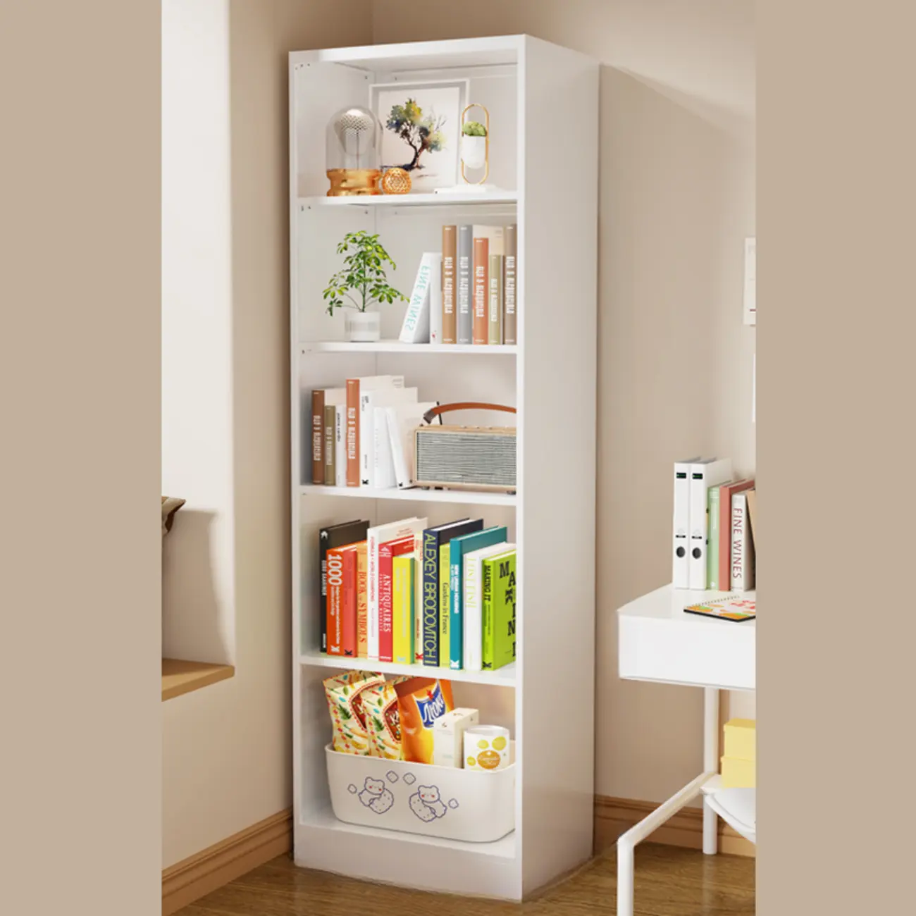 Narrow White Wooden Closed Back Tall Bookshelves Image - 3 | homeyfad
