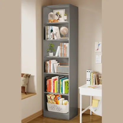 Narrow White Wooden Closed Back Tall Bookshelves Image - 4