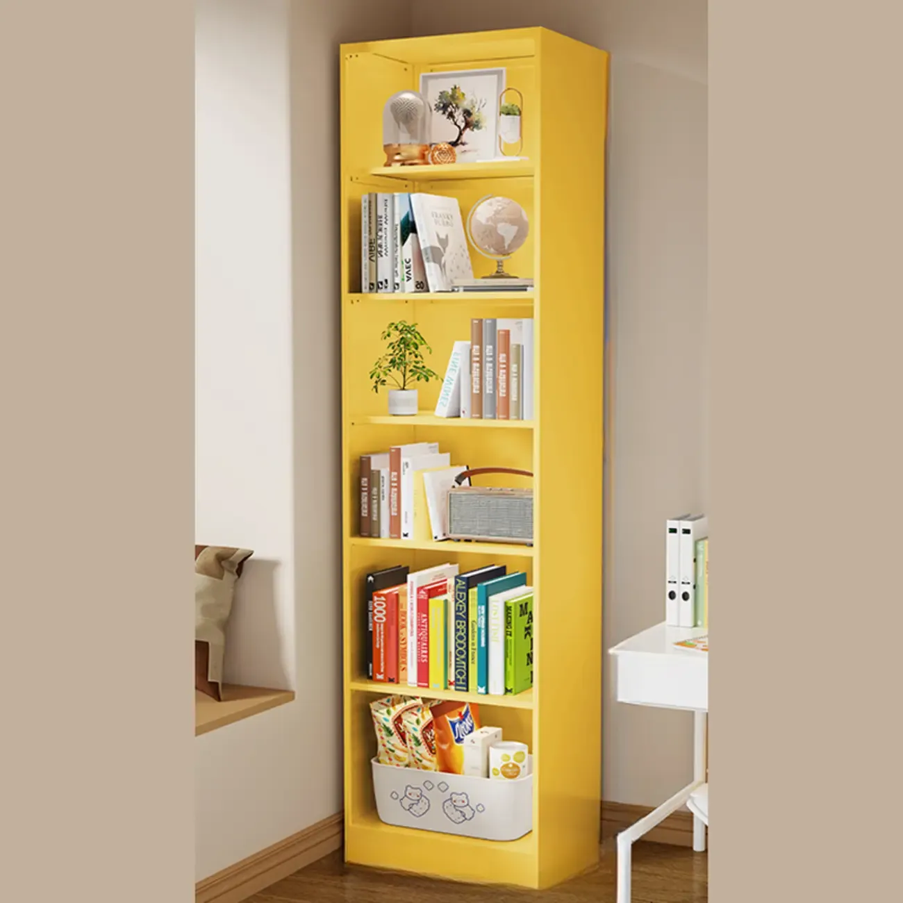 Narrow White Wooden Closed Back Tall Bookshelves Image - 5