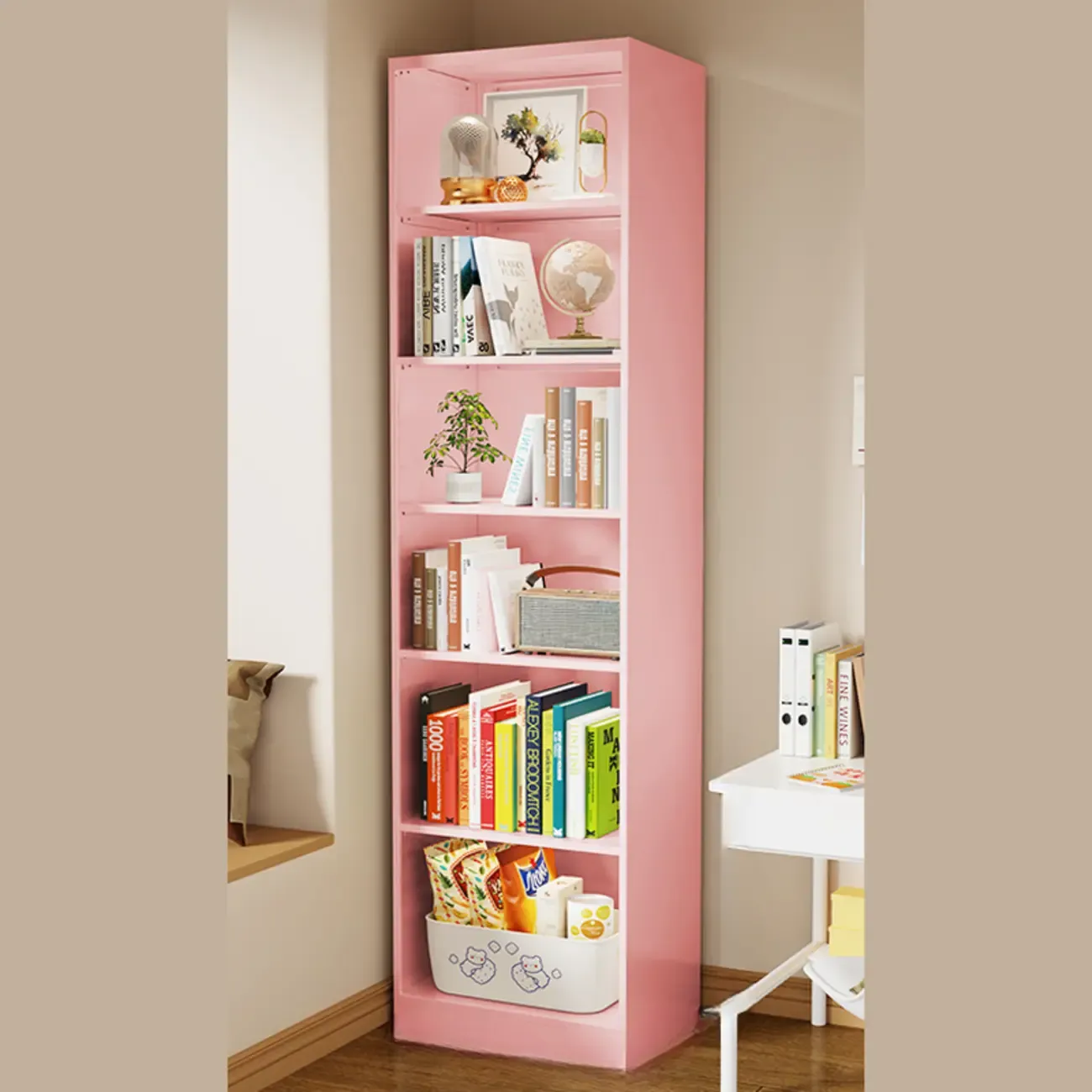 Narrow White Wooden Closed Back Tall Bookshelves Image - 9