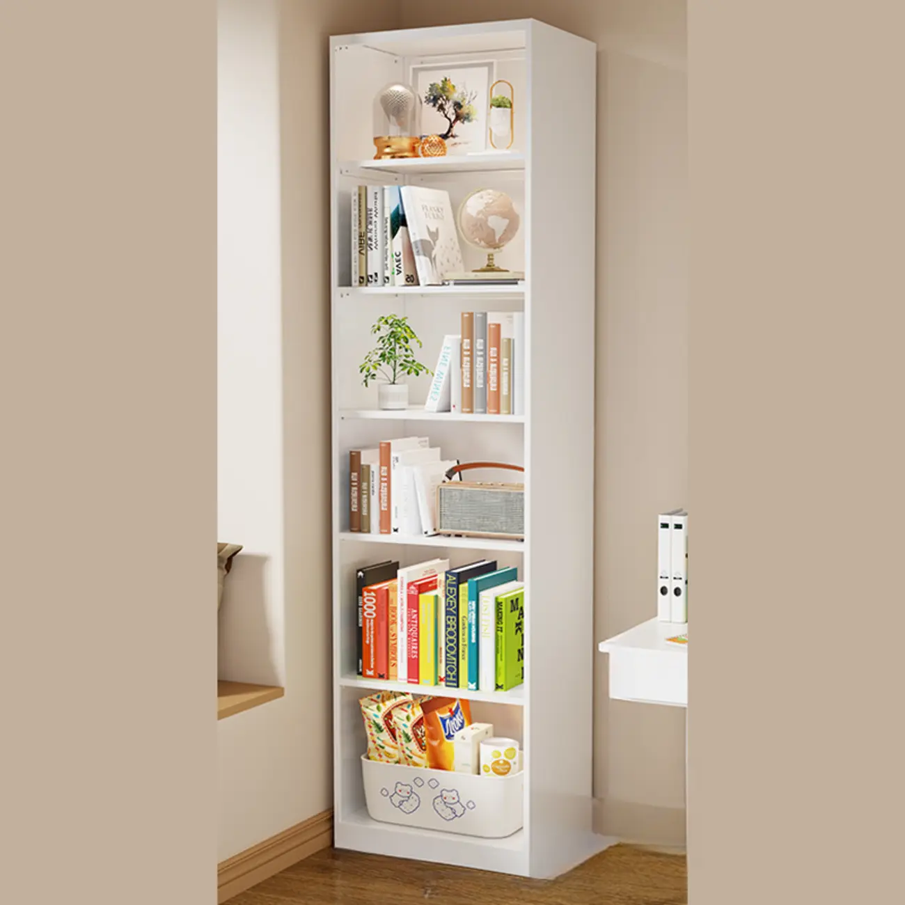 Narrow White Wooden Closed Back Tall Bookshelves Image - 8 | homeyfad