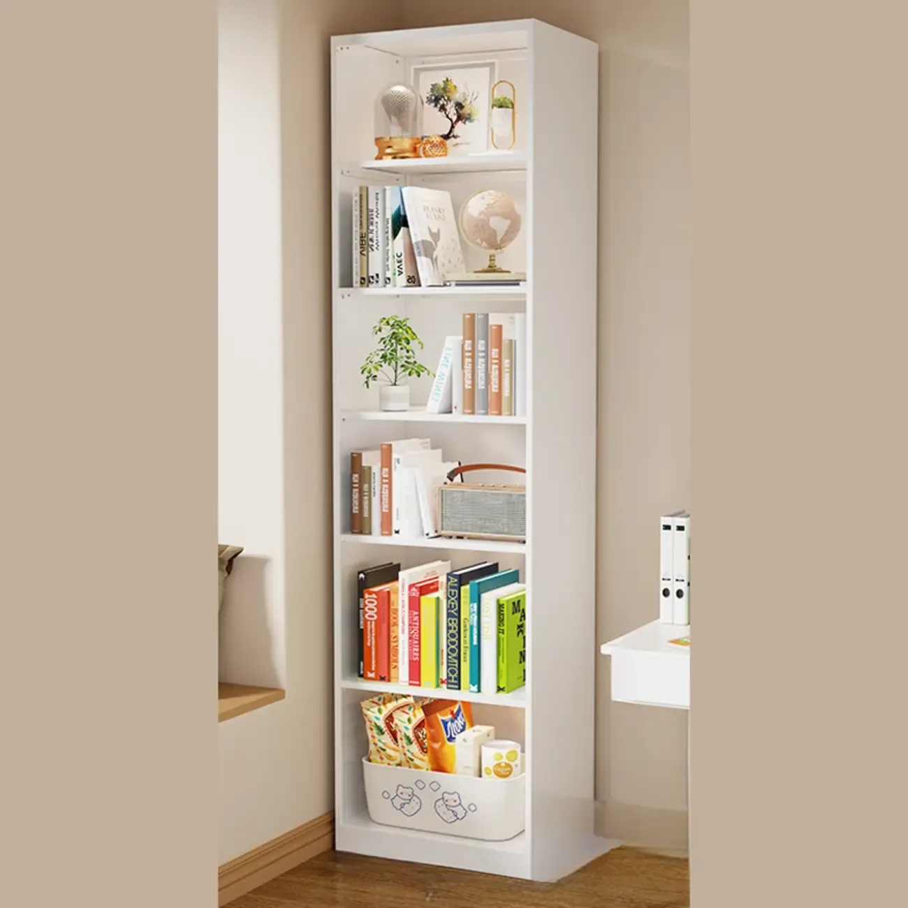 Narrow White Wooden Closed Back Tall Bookshelves Image - 8