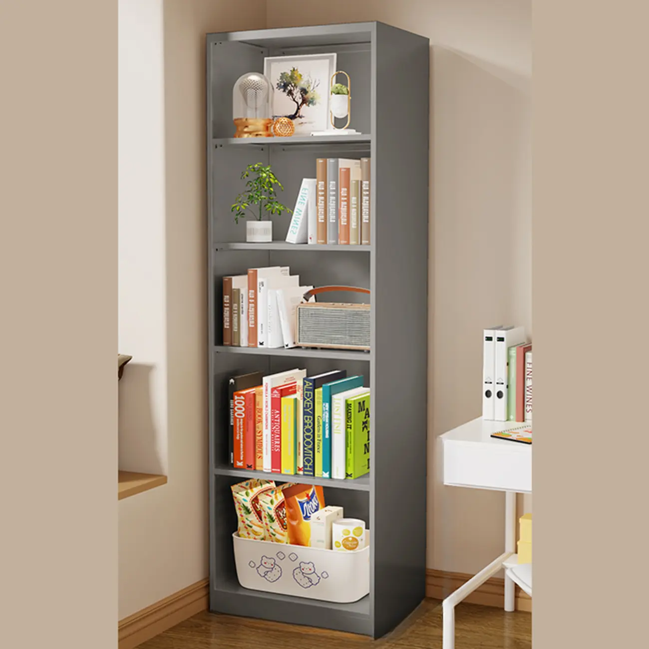 Narrow White Wooden Closed Back Tall Bookshelves Image - 7 | homeyfad