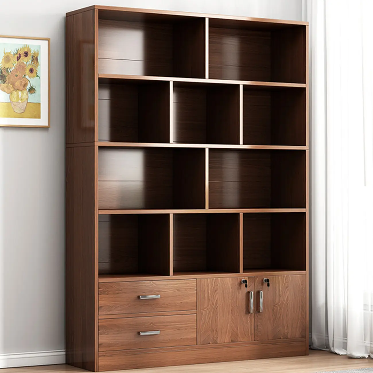 Modern Brown 5-Tier Wooden Tall Bookcase with Drawers Image - 1 | homeyfad