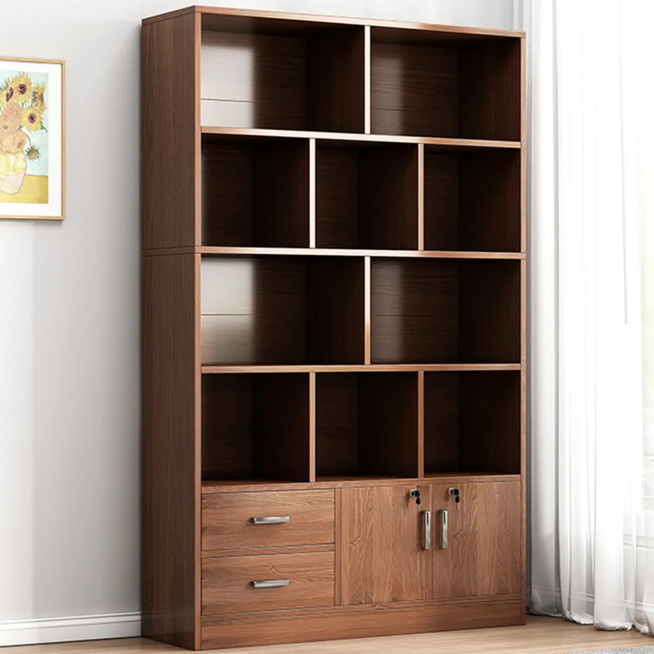 Modern Brown 5-Tier Wooden Tall Bookcase with Drawers Image - 2 | homeyfad