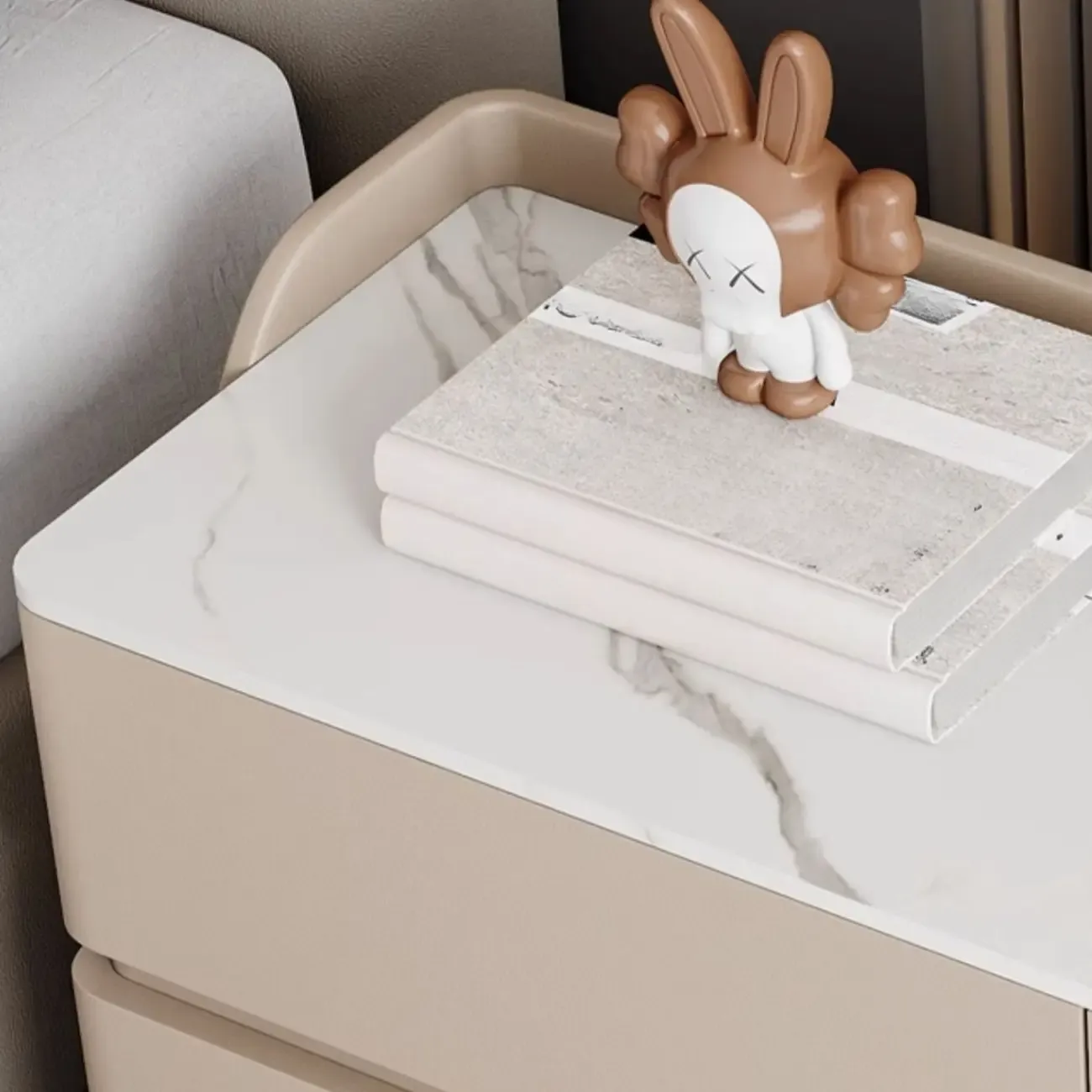 Art Deco Stone Top Nightstand with 2 Storage Drawers Image - 4