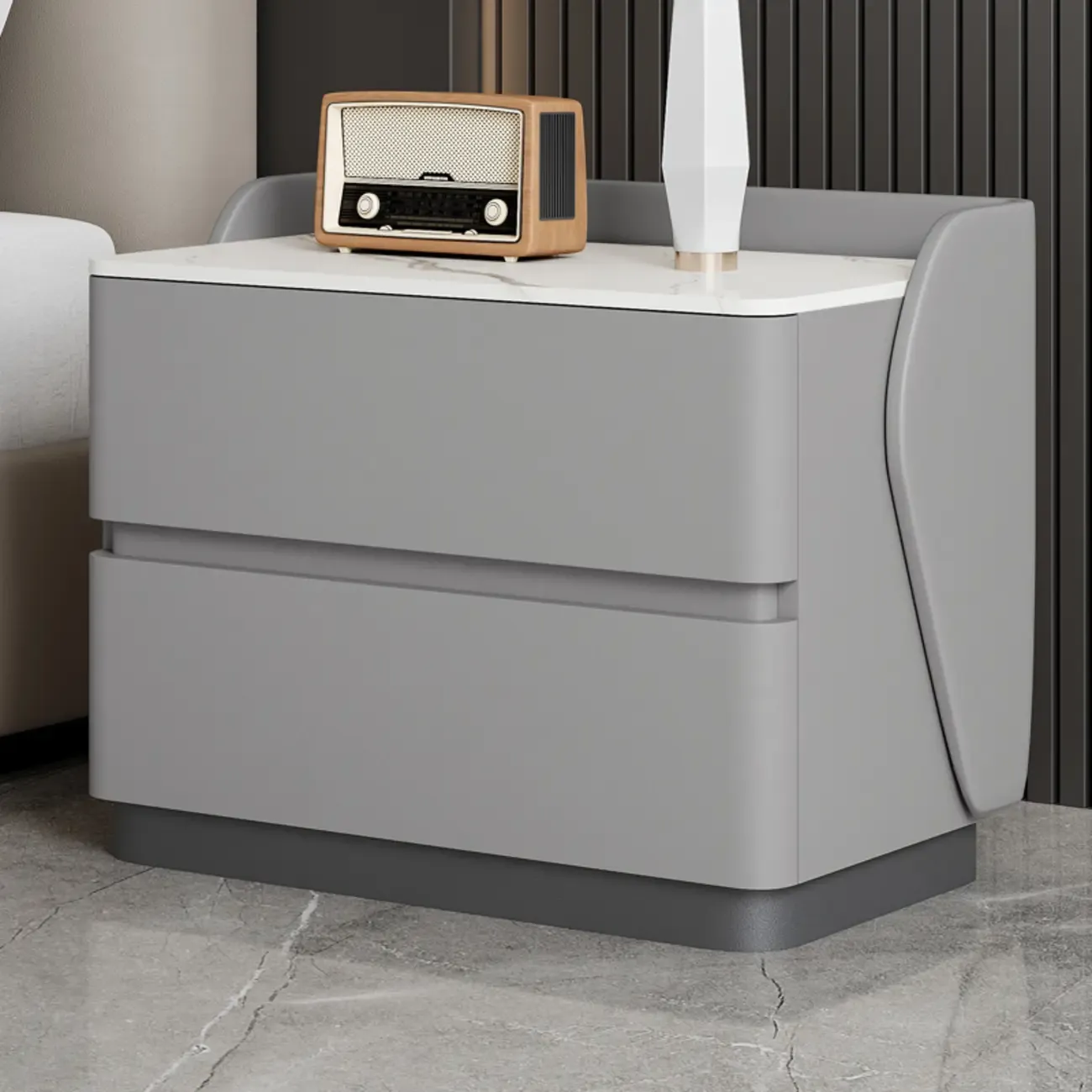 Art Deco Stone Top Nightstand with 2 Storage Drawers Image - 7