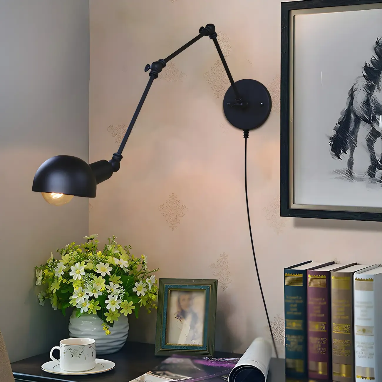 Industrial Metal Black Bowl Swing Arm Wall Light Image - 1