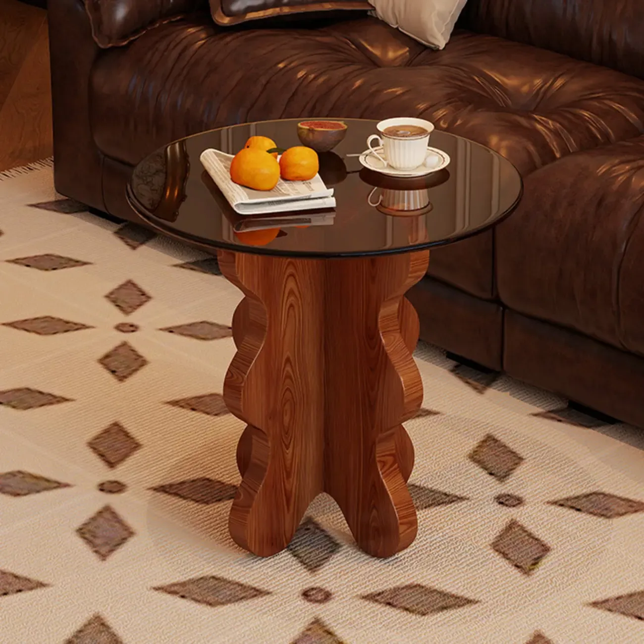 Mid-Century Modern Glass Top Walnut Pedestal Side Table Image - 1