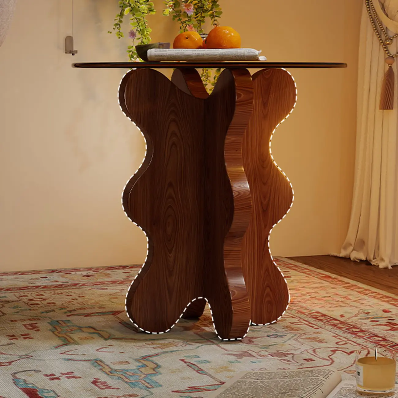 Mid-Century Modern Glass Top Walnut Pedestal Side Table Image - 3 | homeyfad