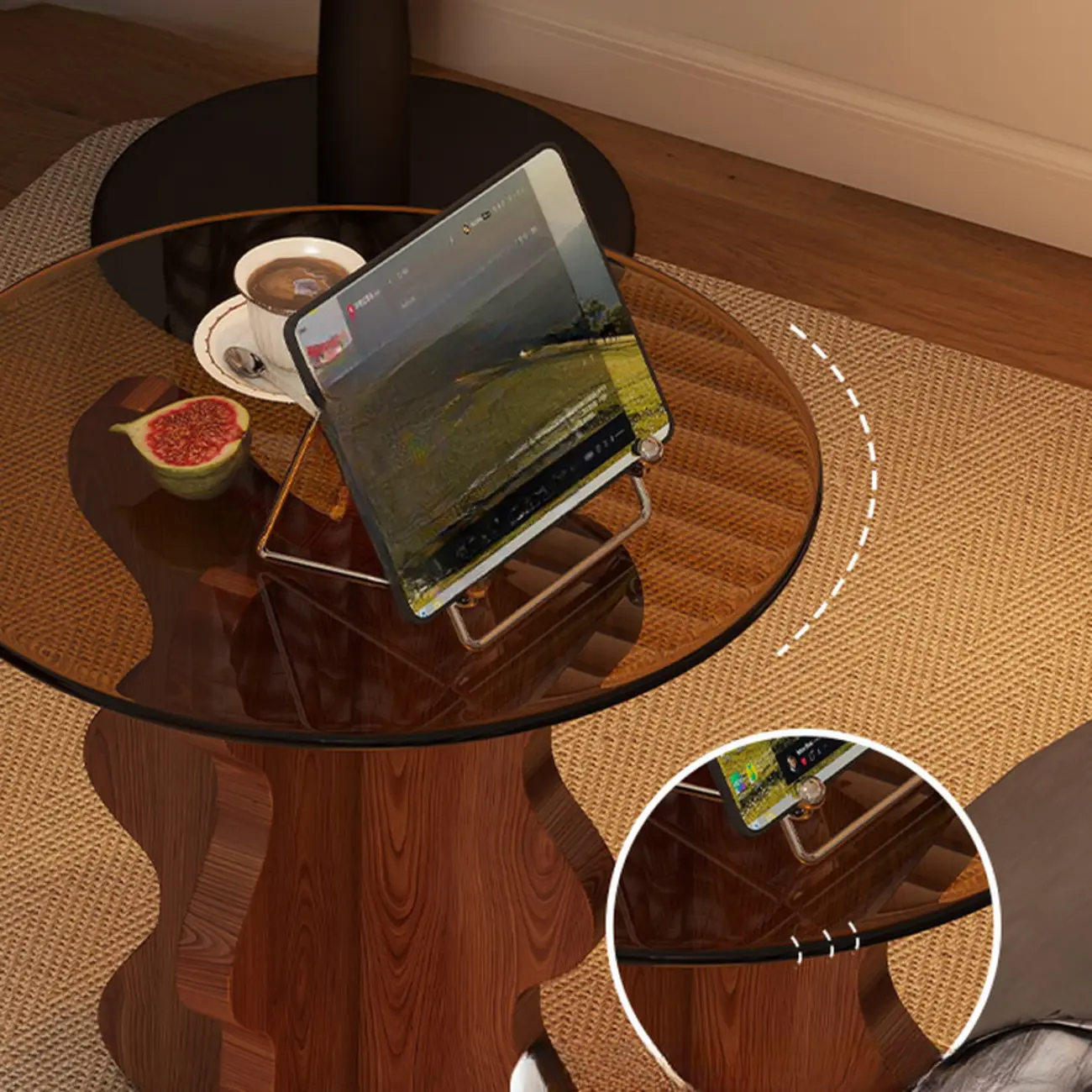 Mid-Century Modern Glass Top Walnut Pedestal Side Table Image - 5 | homeyfad