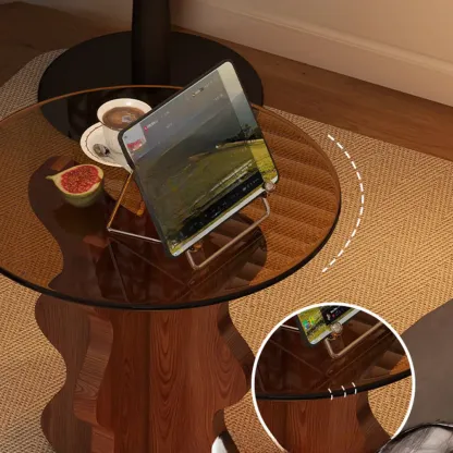 Mid-Century Modern Glass Top Walnut Pedestal Side Table Image - 5