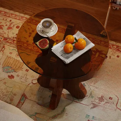 Mid-Century Modern Glass Top Walnut Pedestal Side Table Image - 6