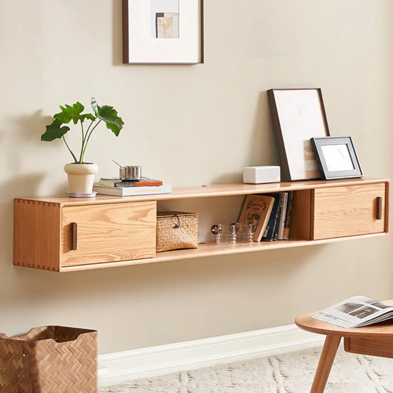 Natural Wood Wall Mount TV Stand Entertainment Center Image - 1 | homeyfad