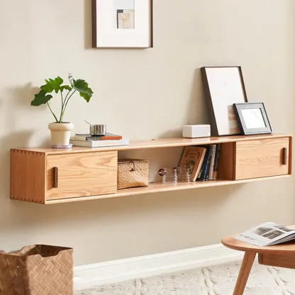 Natural Wood Wall Mount TV Stand Entertainment Center Image - 1