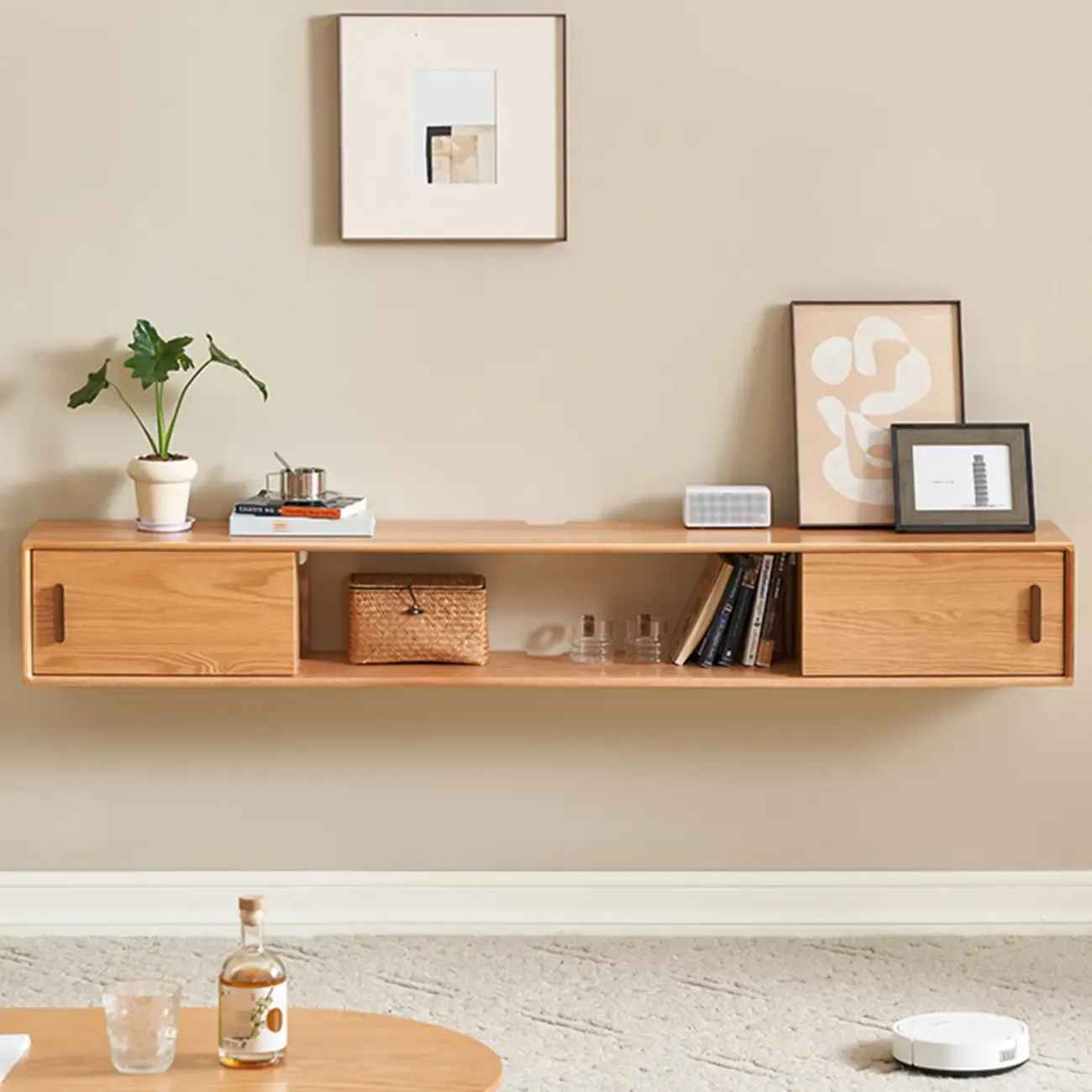 Natural Wood Wall Mount TV Stand Entertainment Center Image - 2