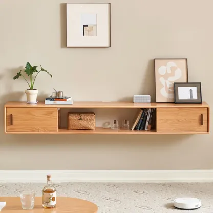 Natural Wood Wall Mount TV Stand Entertainment Center Image - 2