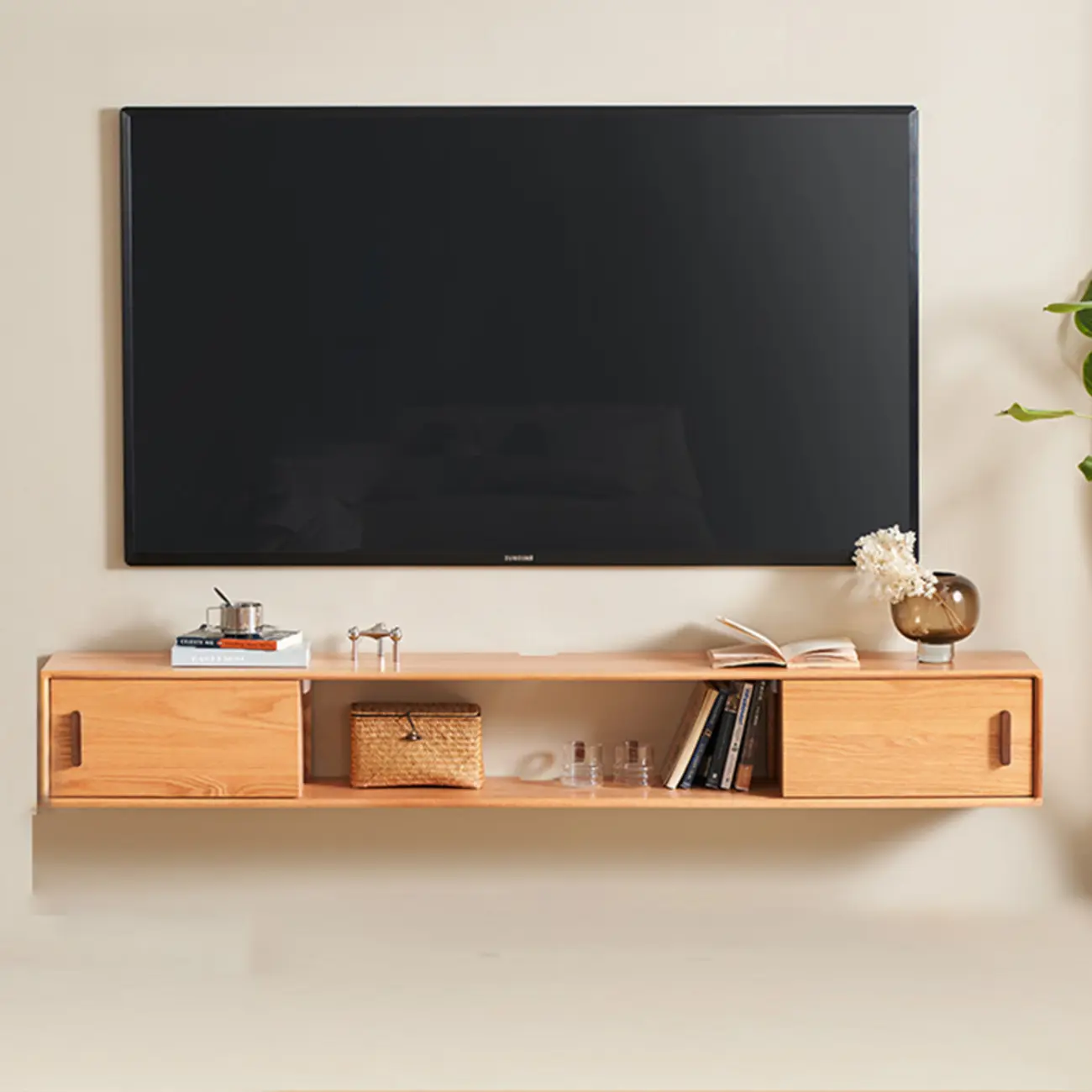Natural Wood Wall Mount TV Stand Entertainment Center Image - 3 | homeyfad