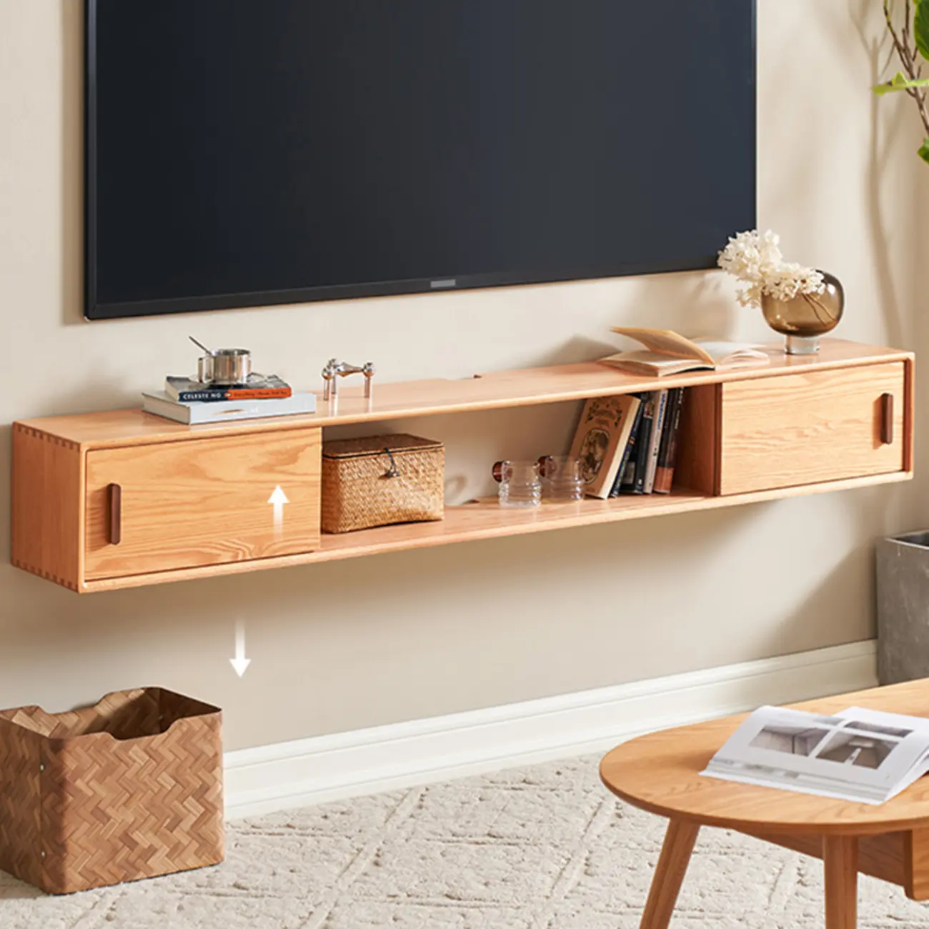 Natural Wood Wall Mount TV Stand Entertainment Center Image - 4 | homeyfad