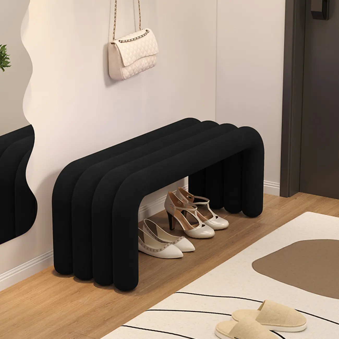 Modern Black Suede Fabric Tubular Entryway Bench Image - 1 | homeyfad