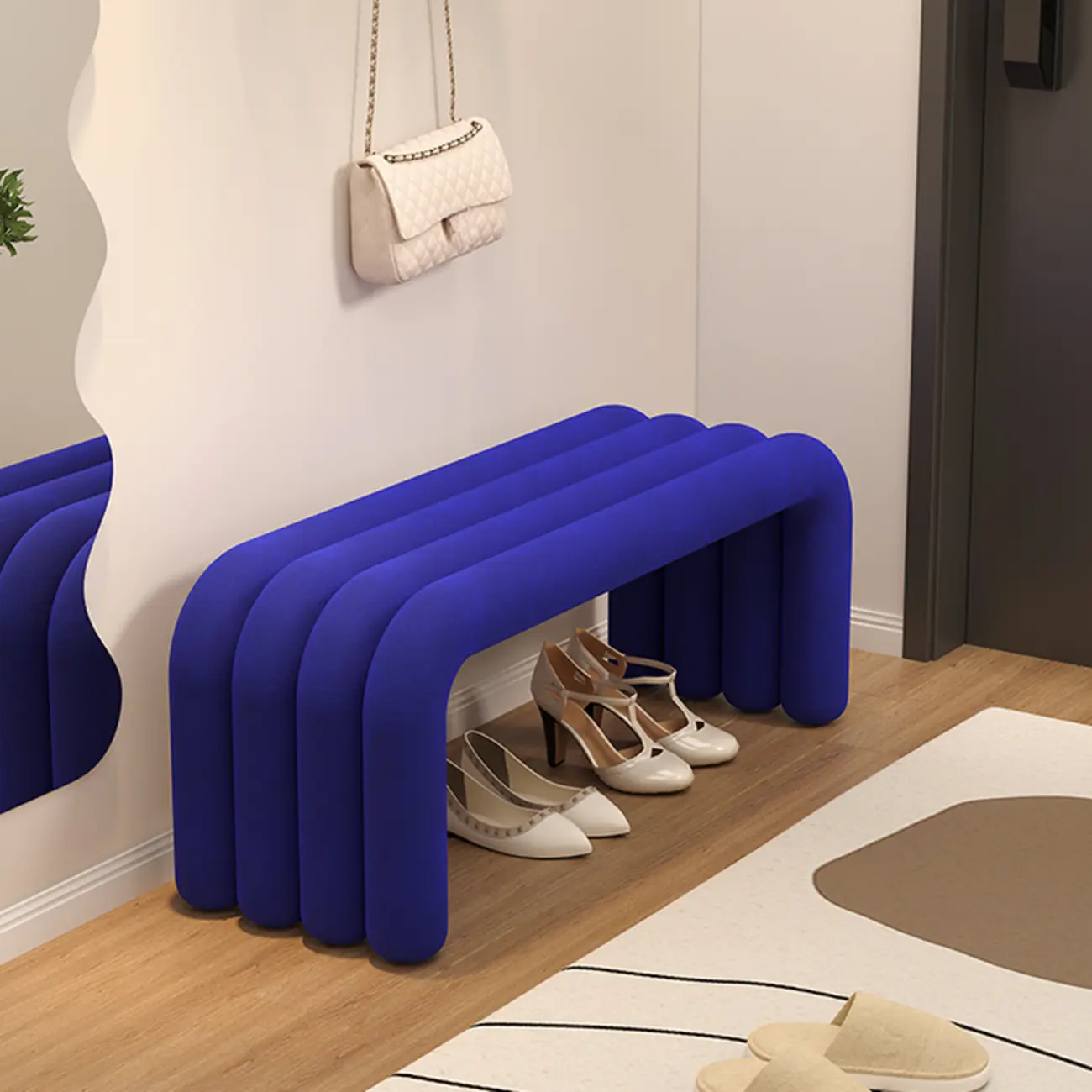 Modern Black Suede Fabric Tubular Entryway Bench Image - 4 | homeyfad