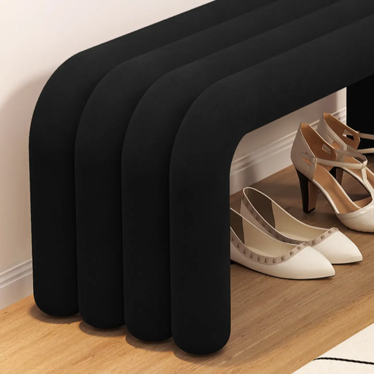 Modern Black Suede Fabric Tubular Entryway Bench Image - 9 | homeyfad
