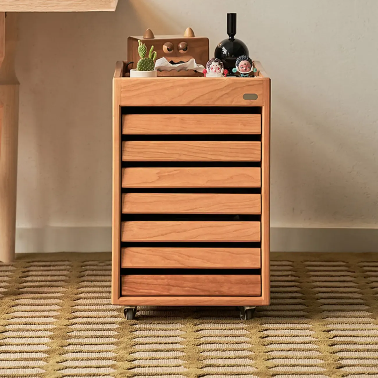 Modern Cherry Wood Rolling Side Table with Drawers Image - 2