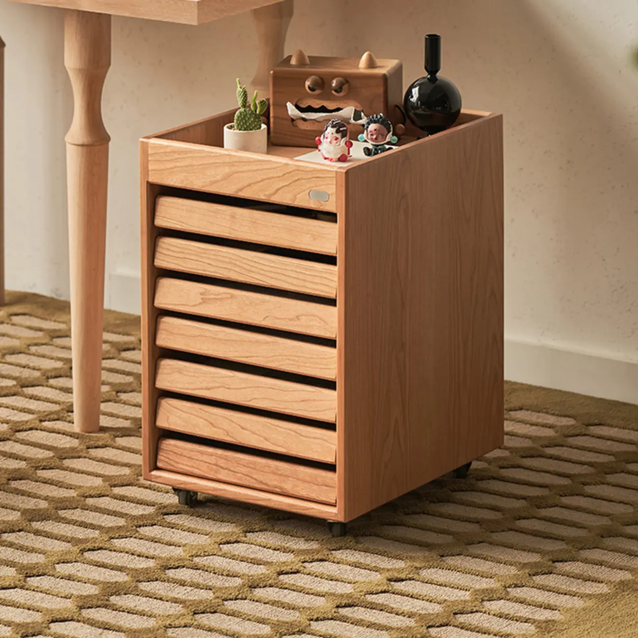 Modern Cherry Wood Rolling Side Table with Drawers Image - 3 | homeyfad