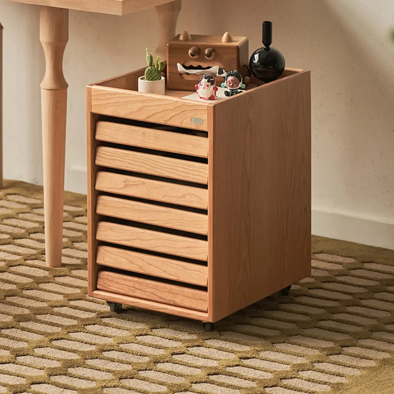 Modern Cherry Wood Rolling Side Table with Drawers Image - 3