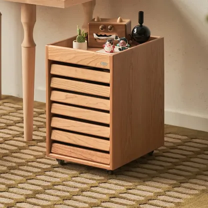 Modern Cherry Wood Rolling Side Table with Drawers Image - 3
