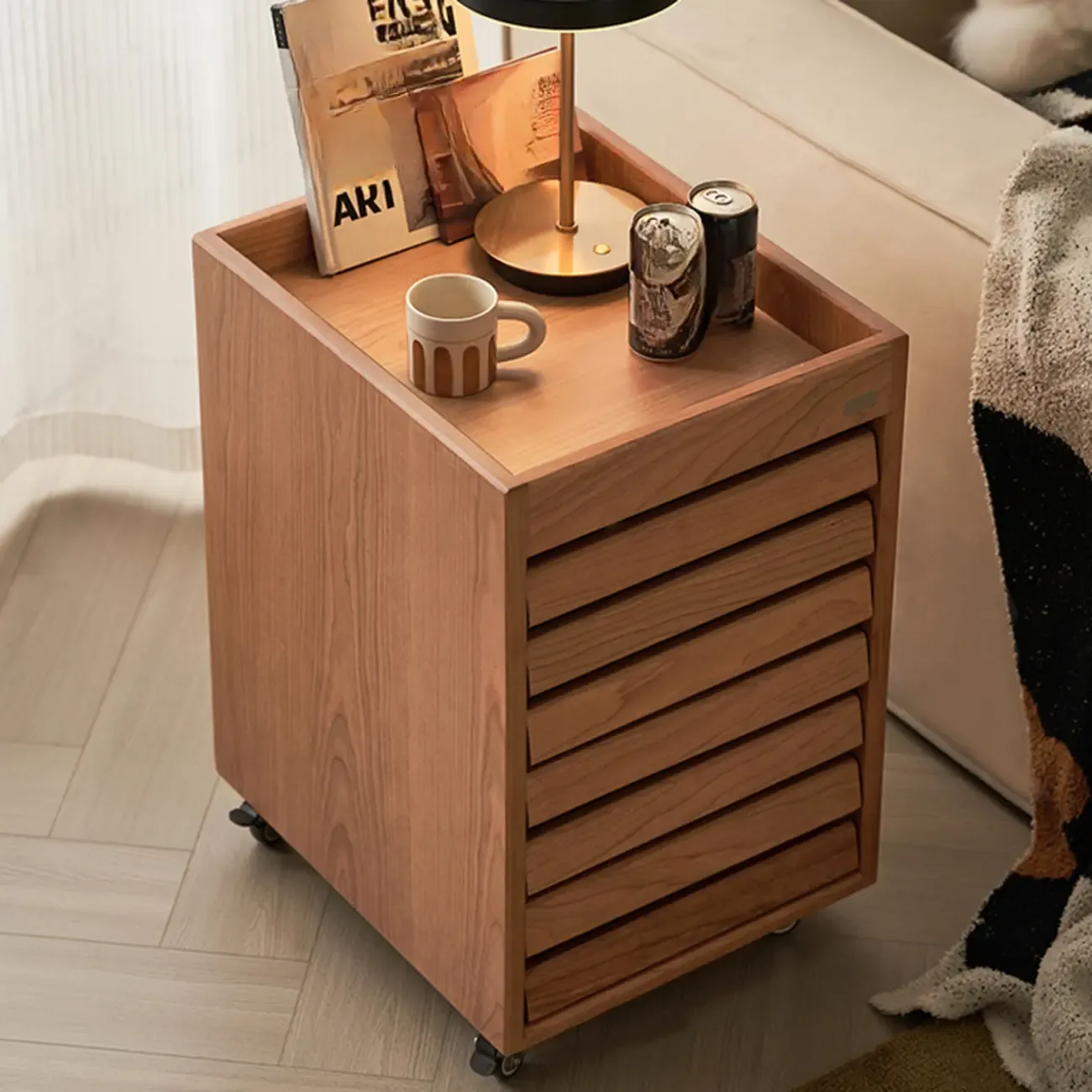 Modern Cherry Wood Rolling Side Table with Drawers Image - 4