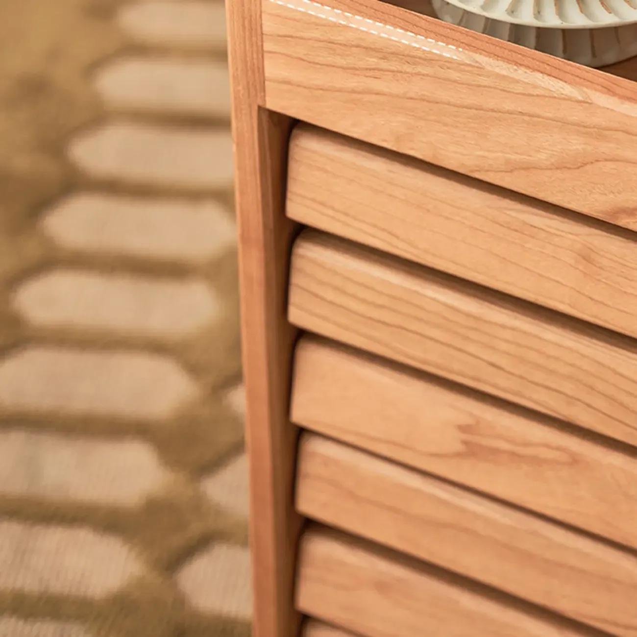 Modern Cherry Wood Rolling Side Table with Drawers Image - 5