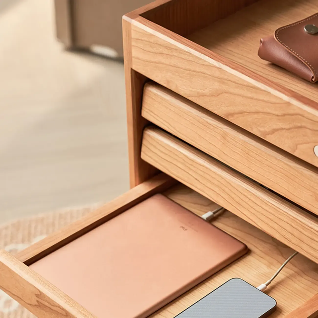 Modern Cherry Wood Rolling Side Table with Drawers Image - 7