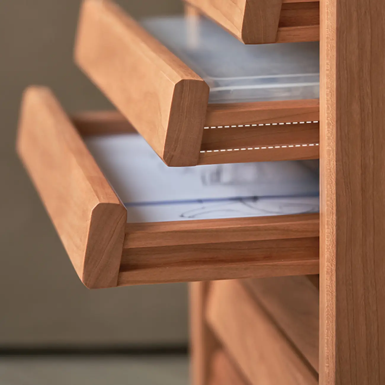 Modern Cherry Wood Rolling Side Table with Drawers Image - 10 | homeyfad