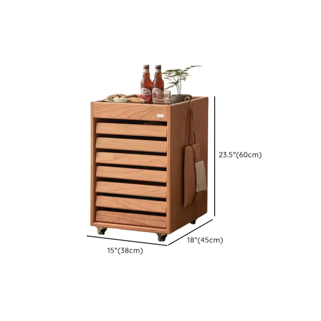 Modern Cherry Wood Rolling Side Table with Drawers #size