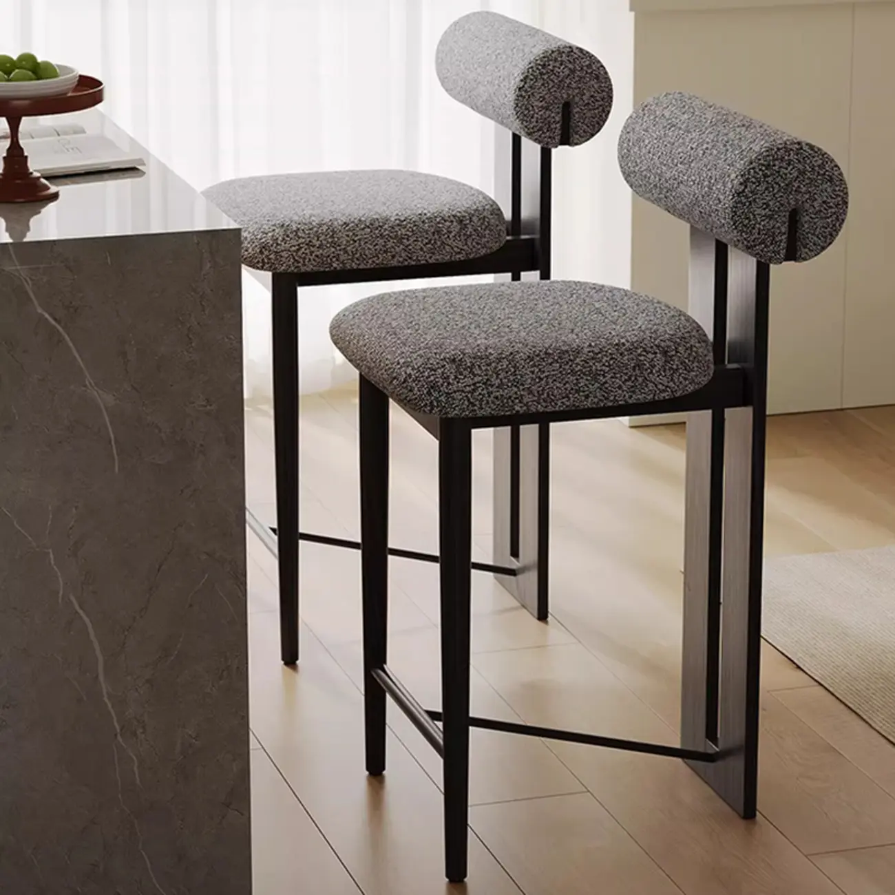 Mid-Century Modern Boucle Wood Counter Bar Stool Image - 1 | homeyfad