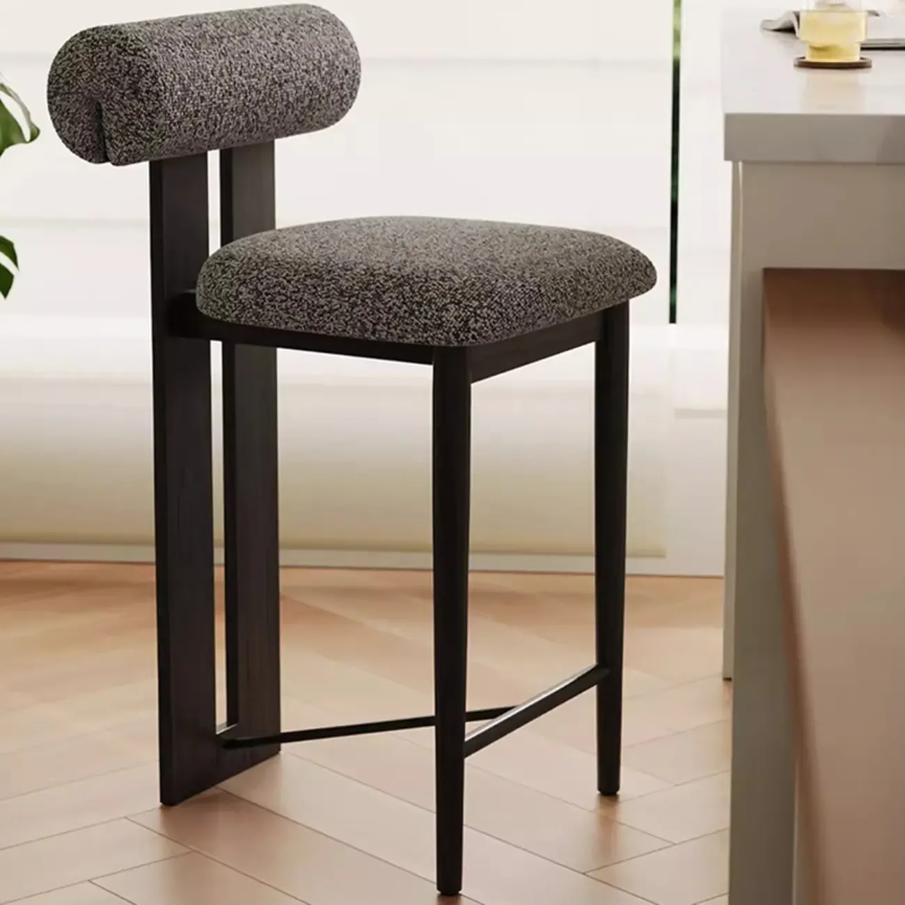 Mid-Century Modern Boucle Wood Counter Bar Stool Image - 9