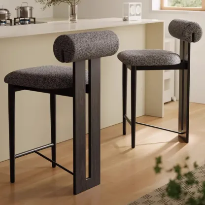 Mid-Century Modern Boucle Wood Counter Bar Stool Image - 2