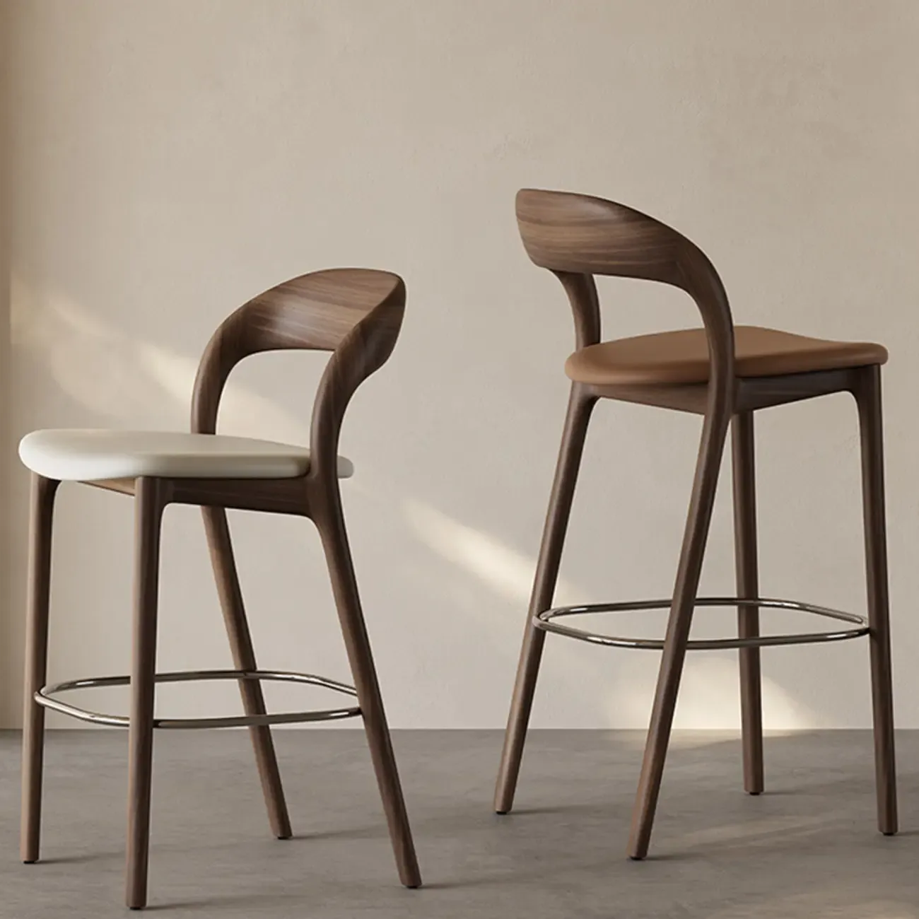 Mid-Century Modern Wood Faux Leather Bar Stool Image - 7