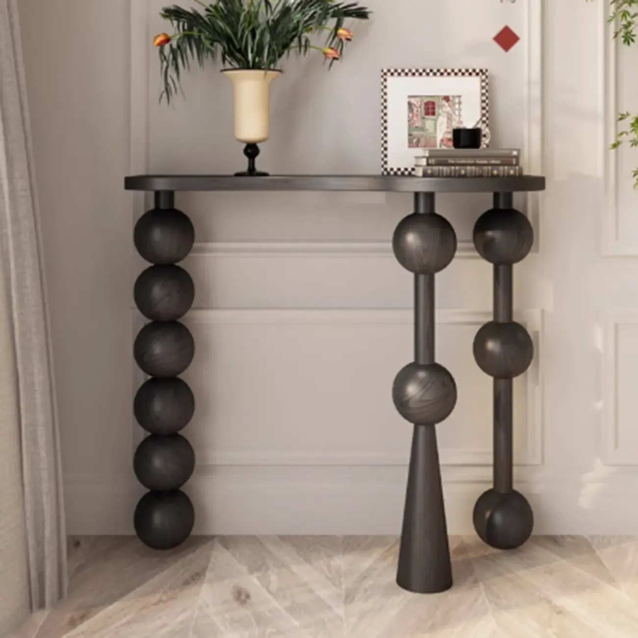 Artistic Walnut Wood Turned Leg Entry Console Table Image - 3