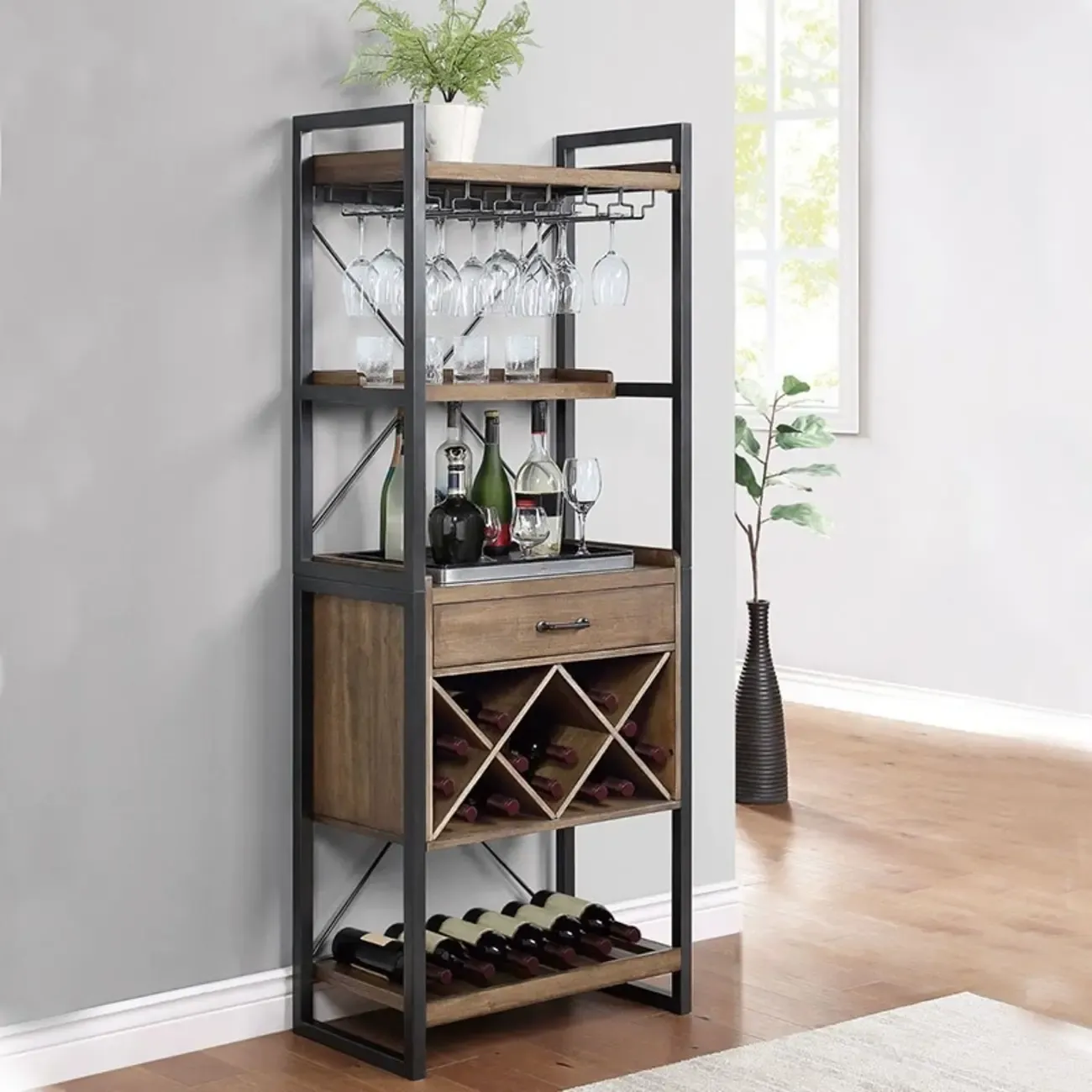 Brown Woodworking Unfixed Wine Bottle & Glass Rack, Pileable with Shelf, Stemware Organizer, and Open Wine Rack Image - 1