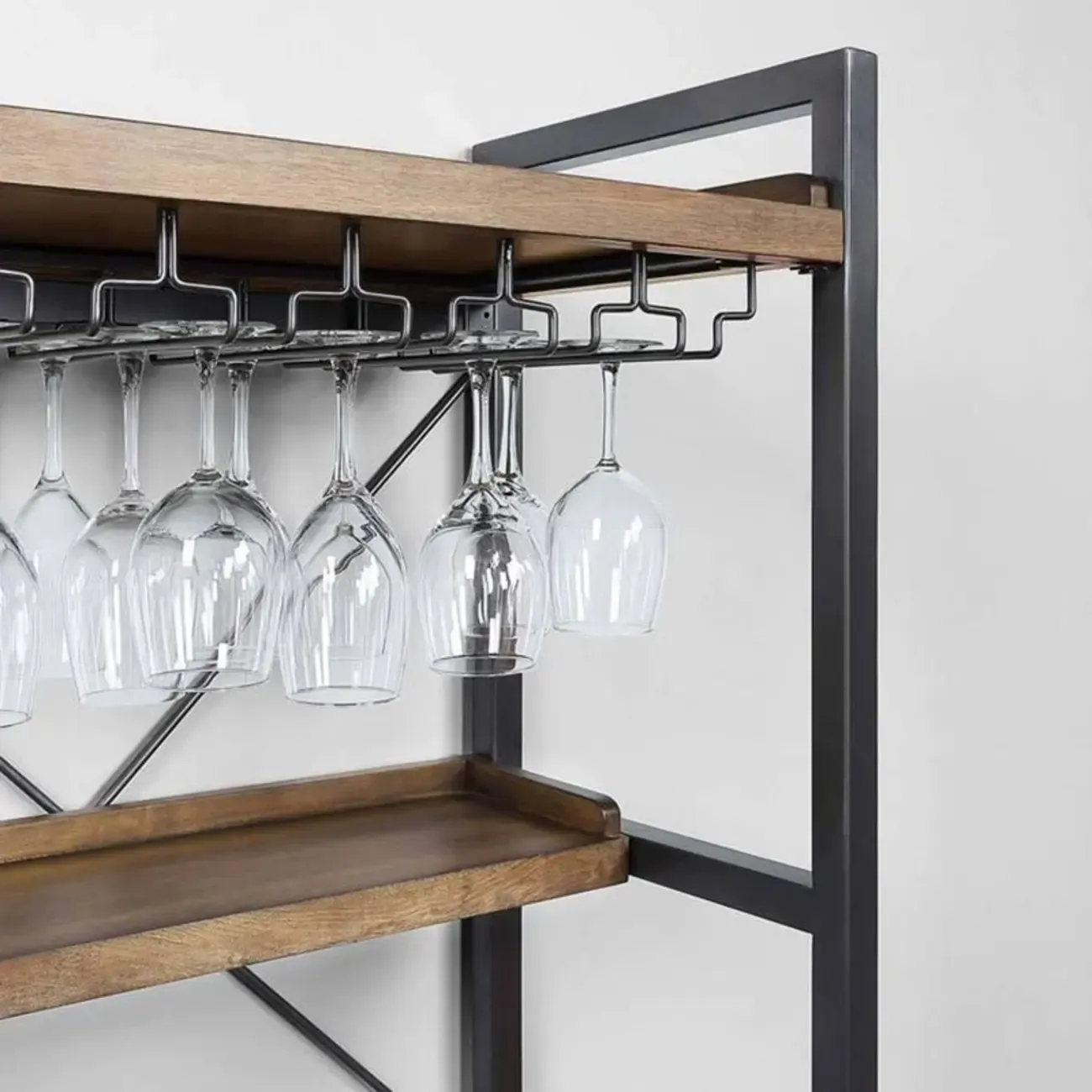 Brown Woodworking Unfixed Wine Bottle & Glass Rack, Pileable with Shelf, Stemware Organizer, and Open Wine Rack Image - 6