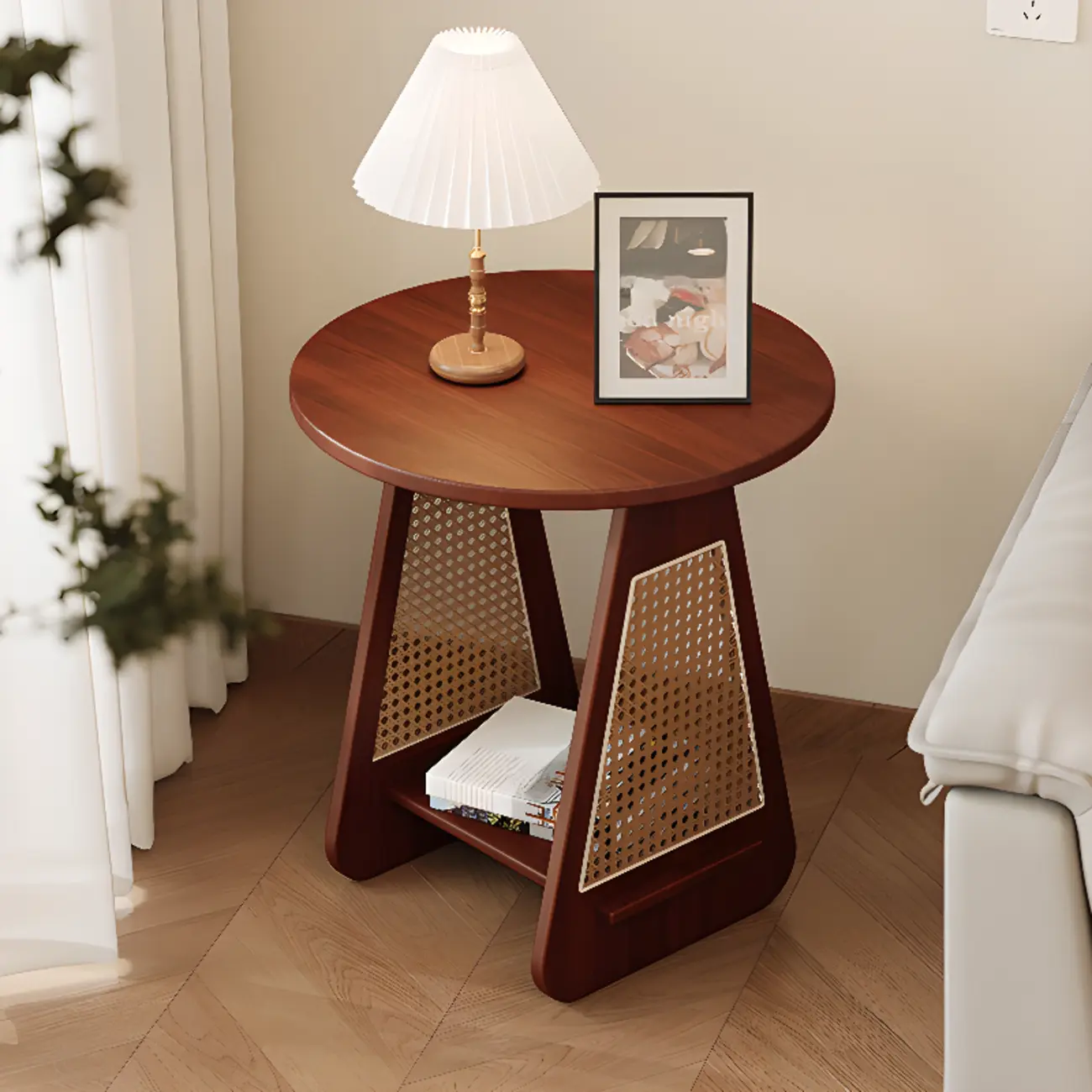 Mid-century Modern 2-tier Wood Side Table with Rattan Legs Image - 1 | homeyfad