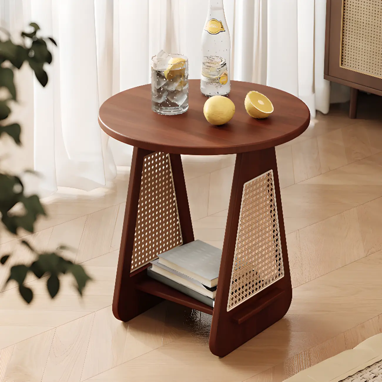 Mid-century Modern 2-tier Wood Side Table with Rattan Legs Image - 6 | homeyfad