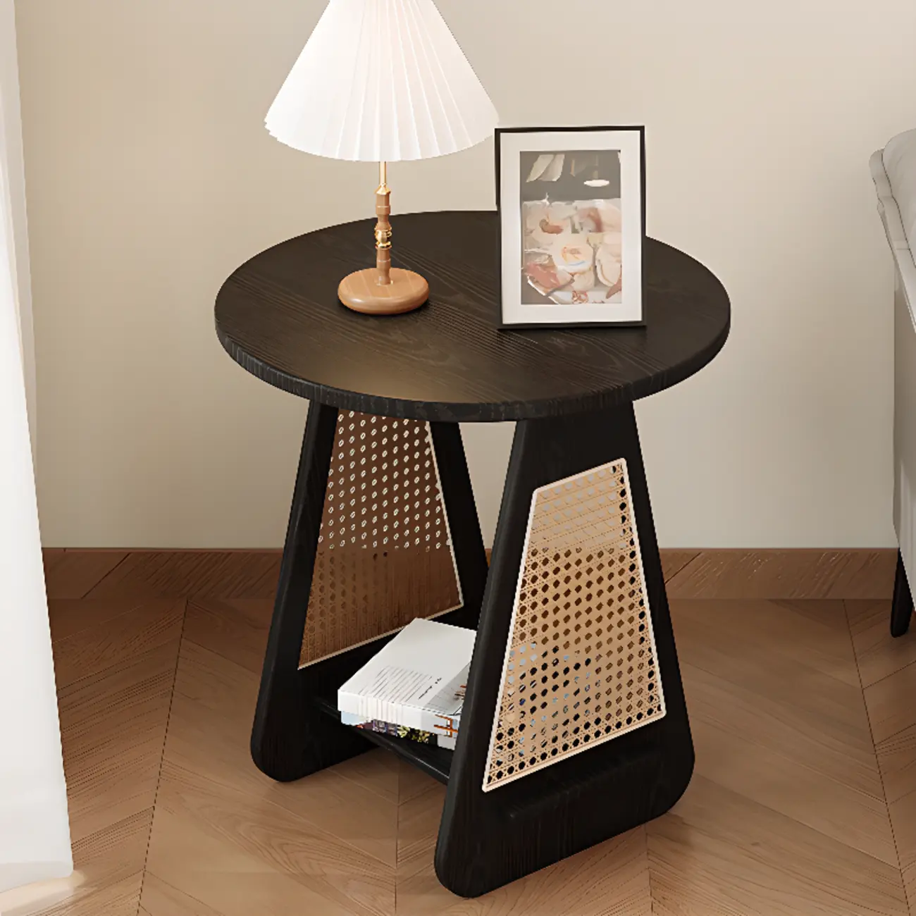 Mid-century Modern 2-tier Wood Side Table with Rattan Legs Image - 2 | homeyfad