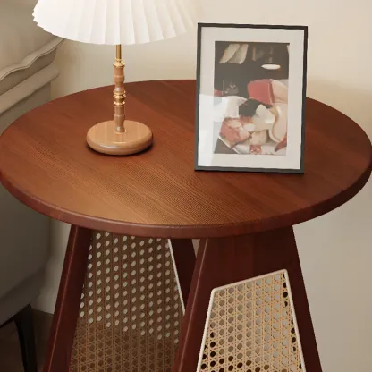 Mid-century Modern 2-tier Wood Side Table with Rattan Legs Image - 7