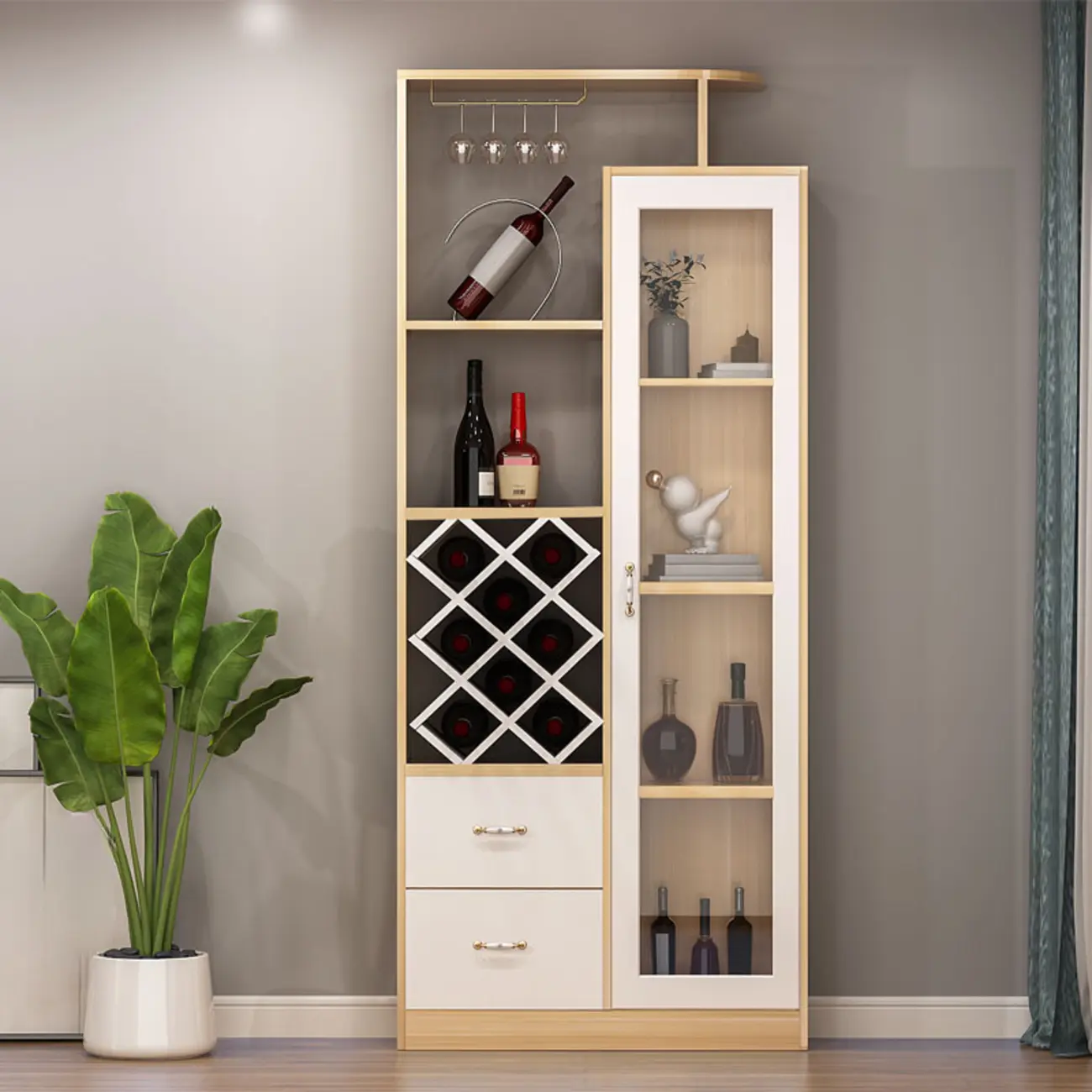 Trendy Woodworking Wine Bottle Open Glass Rack with Shelf Image - 1 | homeyfad