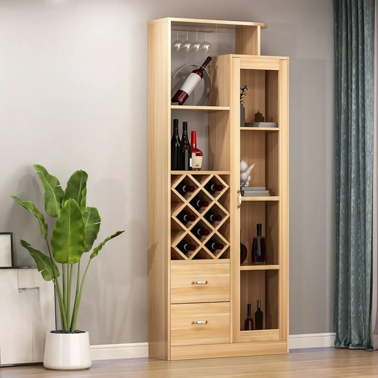 Trendy Woodworking Wine Bottle Open Glass Rack with Shelf Image - 4